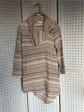Garnet Hill Striped Shawl-Collar Sweater Coat in Cream and Gray
